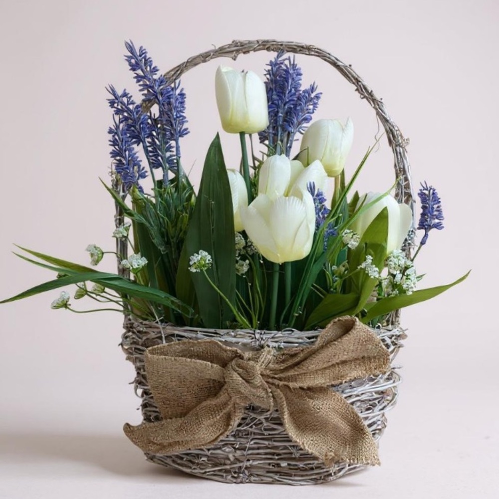English Lavender and Cream Tulip Bouquet Wall or Door Hanging Basket